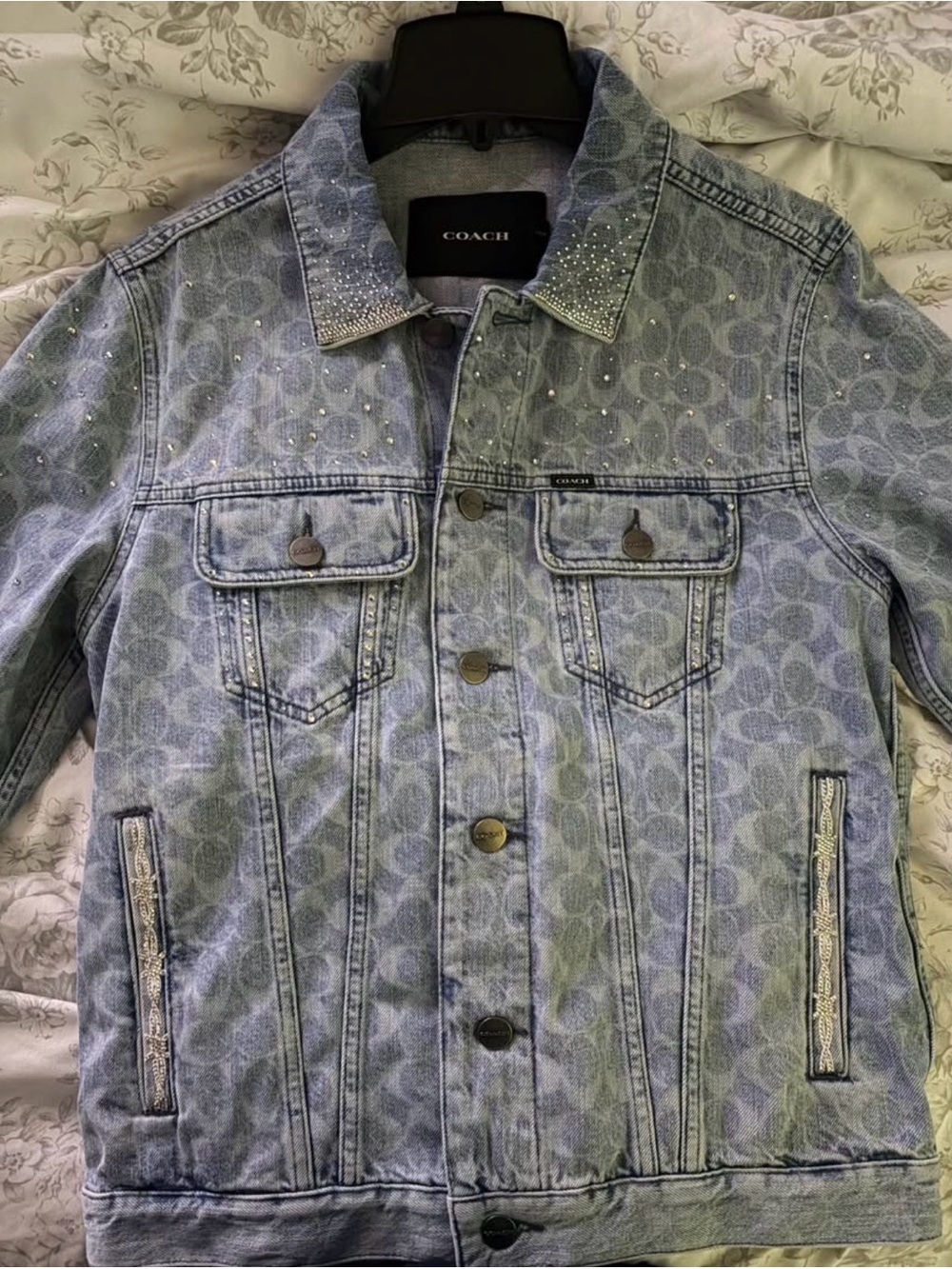 Coach Light Blue Logo Denim Jacket with Stud Accents